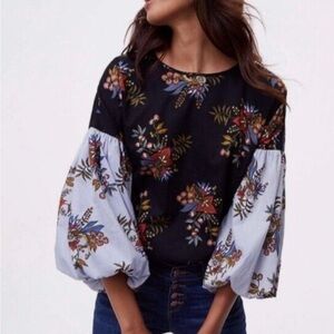 Loft Floral Balloon Sleeve Top Black Blue Artsy Cottagecore Peasant. Size M